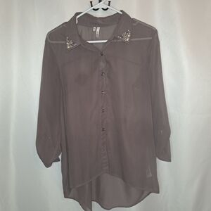 Studio Y Sheer Button Down Shirt Embellished Collar Gray Lavendar Size L #72